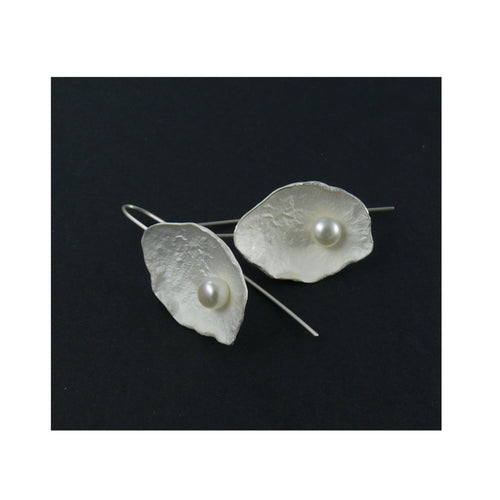 Handmade Sterling Silver Shell Earrings with Freshwater Pearl — Long French Hook