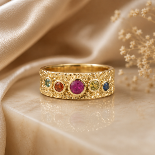 Handmade 14K gold sapphire wide band ring worn on finger with colorful natural sapphires
handmade gold ring for wedding.  handmade gold ring for engagement