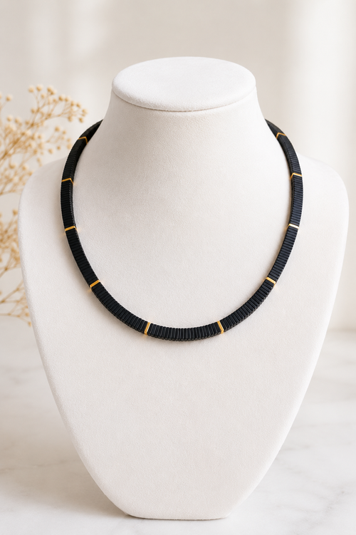 Luxury handmade black hematite square bead necklace with 18K gold-plated sterling silver accents. Contemporary minimalist jewelry perfect for everyday elegance and special occasions.
