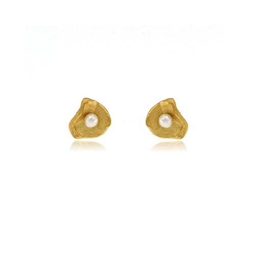 Luxury handcrafted gold vermeil shell stud earrings featuring genuine freshwater pearls, designer artisan jewelry with an organic coastal-inspired design.
