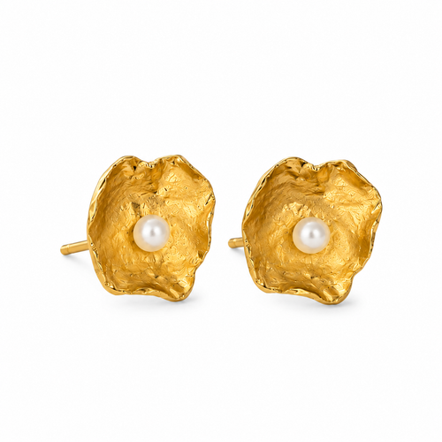 Luxury handmade gold vermeil stud earrings with genuine freshwater pearls, sculptural petal-inspired artisan jewelry for women, photographed on a clean white background.