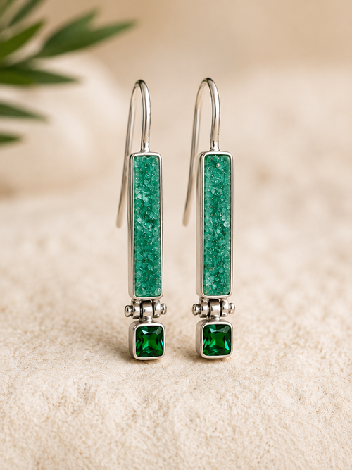 Luxury handcrafted Green Druzy and Chrome Tourmaline sterling silver earrings with contemporary artisan design.