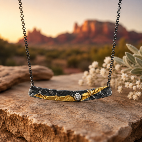 Luxury handmade sterling silver horizontal bar necklace with gold accents crafted in Sedona Arizona