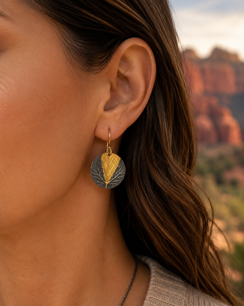 Luxury handmade Tree of Life earrings artisan jewelry crafted in Arizona in sterling silver with radiant gold detail
