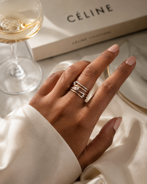 Luxury lifestyle photo of handmade zirconia ring worn on hand