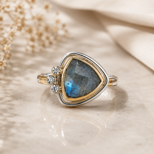 Luxury lifestyle photo of handcrafted labradorite ring from Raku Gallery