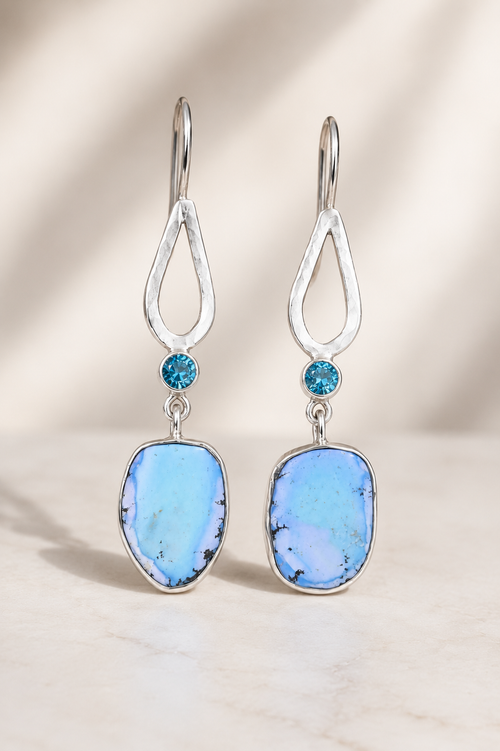 Luxury handcrafted sterling silver earrings with genuine Lavender Turquoise and Teal Apatite gemstones, one-of-a-kind artisan jewelry.