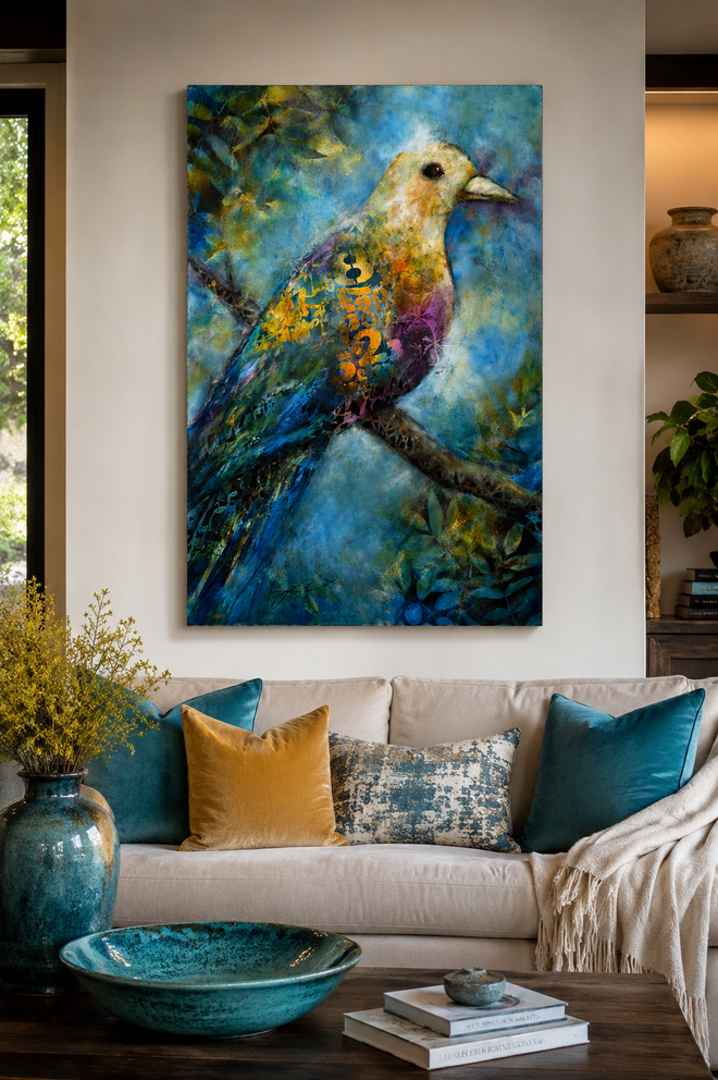 Luxury living room featuring Mama Bird, an original contemporary bird painting by Vikki Reed. Vibrant blue, turquoise, and gold artwork displayed as a statement wall piece in a modern interior.
