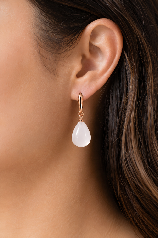 Elegant milky quartz drop earrings in rose gold plated sterling silver displayed in a luxury setting, perfect for everyday wear and special occasions.