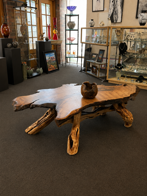 One-of-a-Kind Live Edge Mesquite Coffee Table with Turquoise & Copper Inlay – Handmade in Arizona