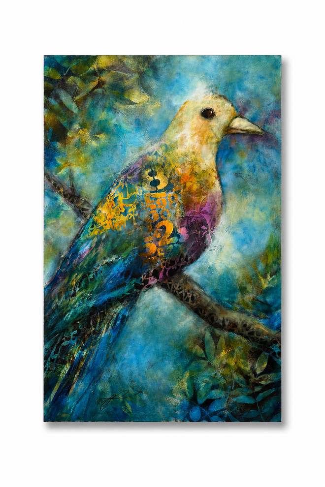 Original contemporary bird painting titled Mama Bird by Vikki Reed featuring vibrant turquoise, blue, gold, and violet tones. One-of-a-kind 36 x 24 inch acrylic artwork for modern luxury home décor.