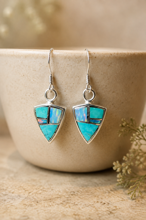 Marlene Begay Navajo Kingman turquoise and opal earrings handmade in sterling silver