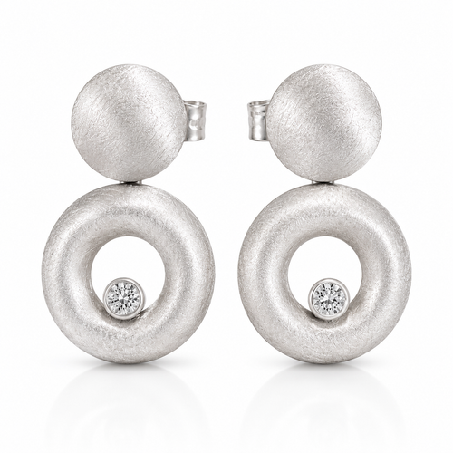 Handcrafted matte sterling silver convex circle drop earrings featuring brilliant 4 mm white cubic zirconia, contemporary artisan statement jewelry for women.