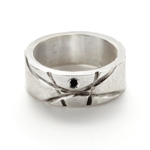 Oxidized sterling line band with 2mm black diamond