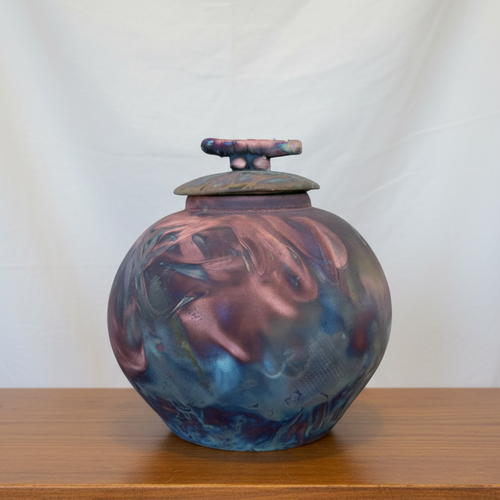 Handmade metallic Raku pottery vessel with sculptural lid, copper blue violet tones, and one-of-a-kind fired surface