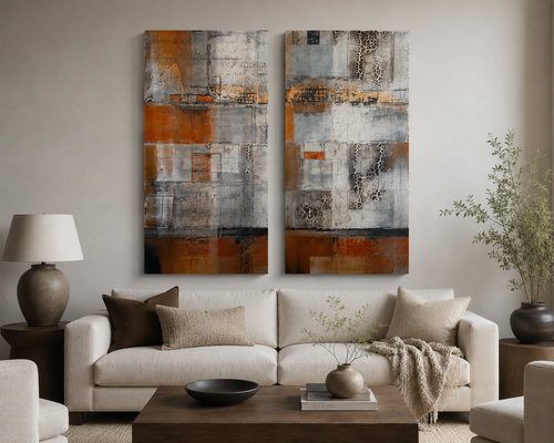 Large contemporary abstract diptych by Michael Casey displayed in a modern luxury interior.