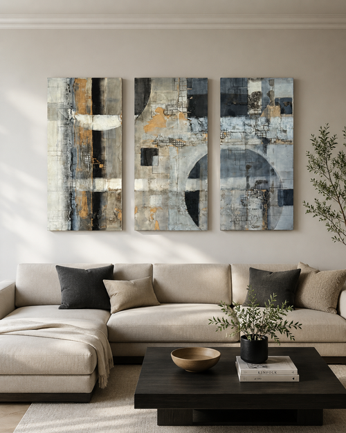 Original textured triptych wall art by Michael Casey with gray, charcoal, cream, and gold tones