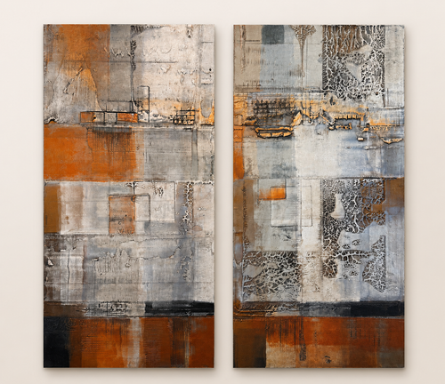 Original Michael Casey textured abstract diptych wall art with copper and silver tones measuring 49 inches high by 48 inches wide.