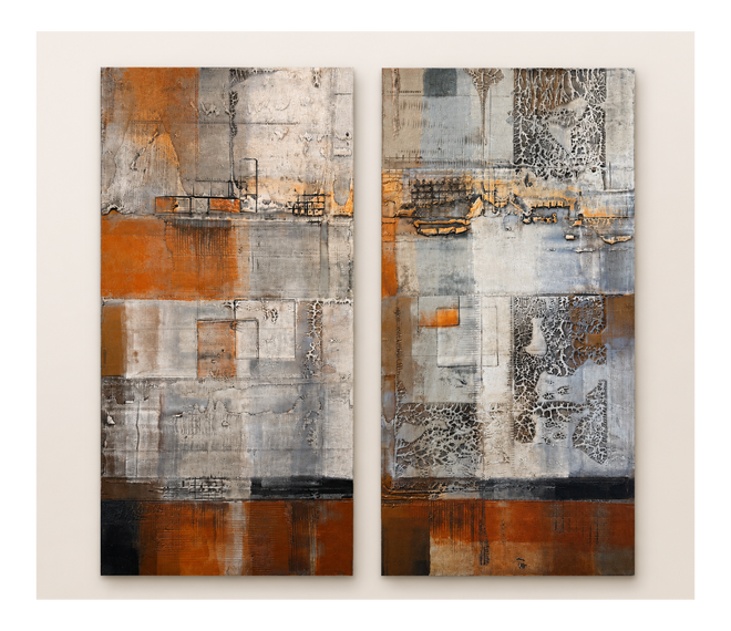 Original Michael Casey textured abstract diptych wall art with copper and silver tones measuring 49 inches high by 48 inches wide.