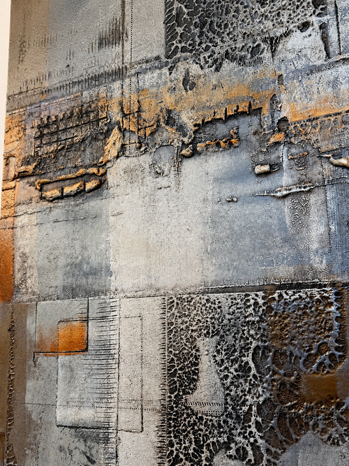 Close-up detail showing the rich texture and metallic accents in Michael Casey original abstract artwork.