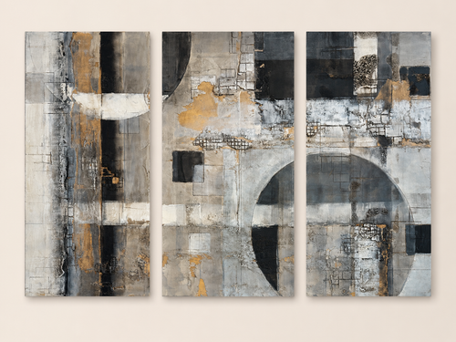 Close-up detail of Michael Casey textured mixed media wall art with layered stone and metal-like surface