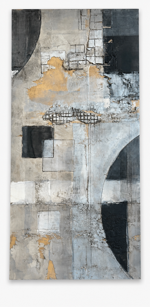 Center panel of Michael Casey original mixed media triptych with layered texture and geometric details