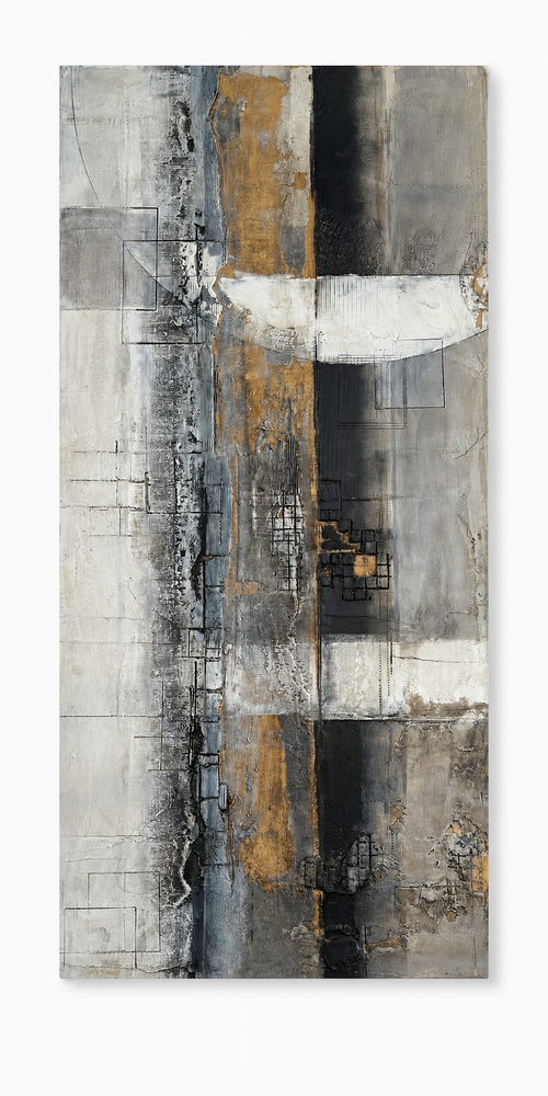Left panel of Michael Casey textured abstract triptych with gray, black, cream, and gold accents