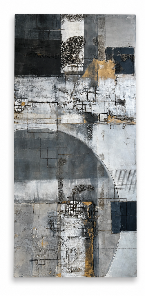 Right panel of Michael Casey abstract triptych with blue gray, charcoal, cream, and gold textured details