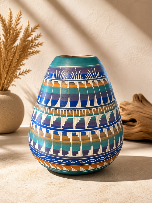 Handmade Navajo carved ceramic vase by Mireille Gilmore featuring traditional Southwestern geometric designs in turquoise and blue. Authentic Native American pottery available at Raku Gallery.
