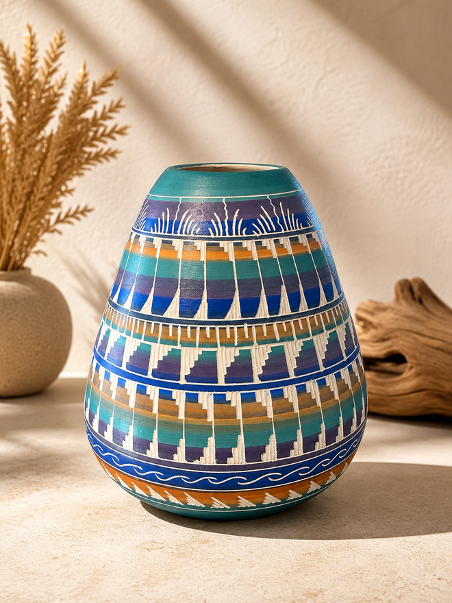 Handmade Navajo carved ceramic vase by Mireille Gilmore featuring traditional Southwestern geometric designs in turquoise and blue. Authentic Native American pottery available at Raku Gallery.
