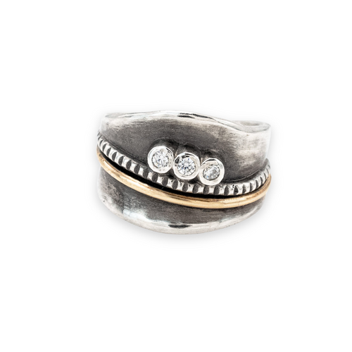 Mixed metal sterling silver and gold statement ring with cubic zirconia stones