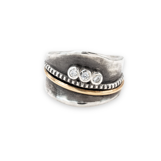 Mixed metal sterling silver and gold statement ring with cubic zirconia stones