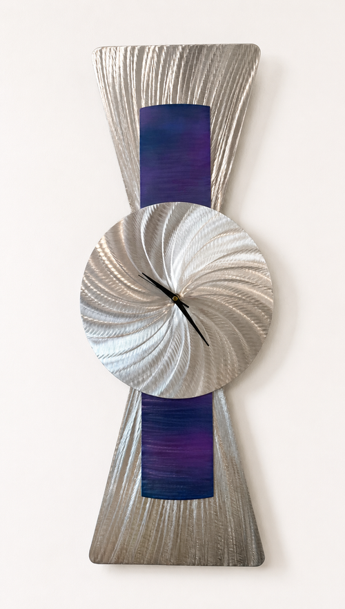 Handcrafted brushed aluminum wall clock with blue and purple patina accents measuring 31 inches tall