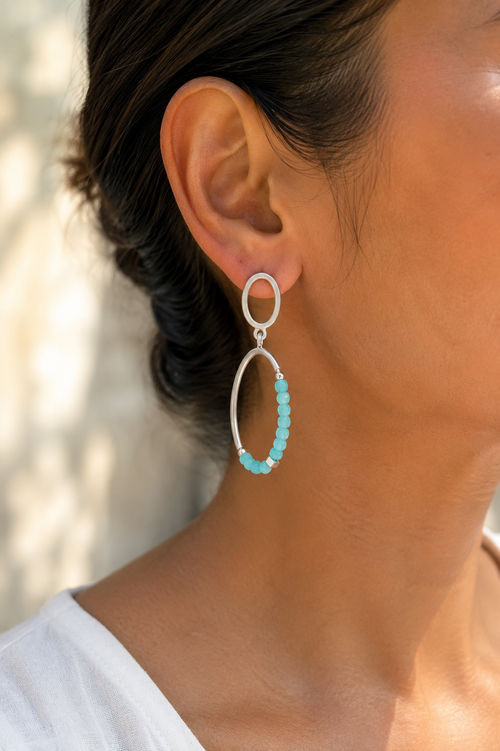 Modern sterling silver geometric earrings with matte finish, natural amazonite gemstones, and contemporary oval design. Handmade artisan jewelry perfect for women.