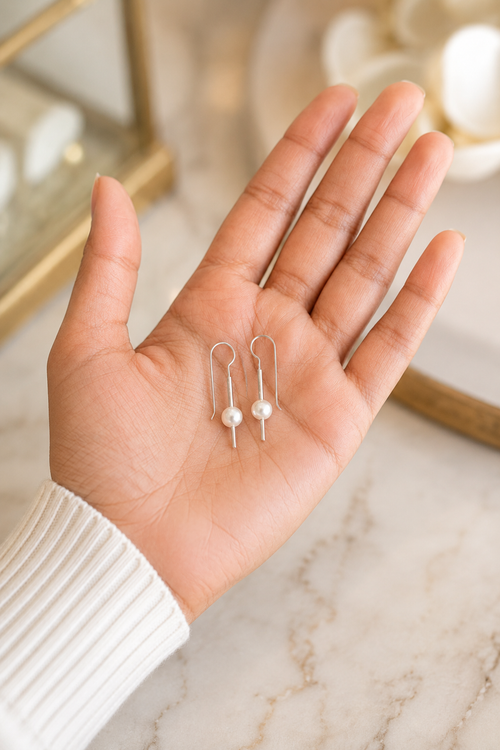 Modern Freshwater Pearl Drop Earrings in Sterling Silver