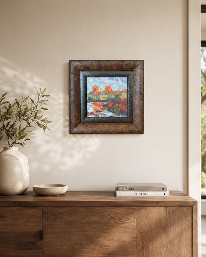 Moon Beams Cathedral Rock Sedona oil painting by Russell Johnson displayed in a modern home interior, framed original Arizona landscape art from Raku Gallery