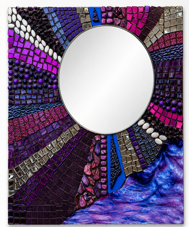 Moonglow handmade mosaic wall mirror featuring amethyst stones, purple glass tiles, and contemporary art glass design.