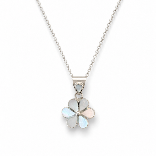 Mother of pearl flower necklace with sterling silver chain and floral pendant on a clean white background
