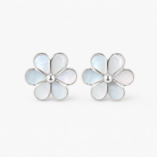 Mother of pearl flower stud earrings in sterling silver with delicate floral design