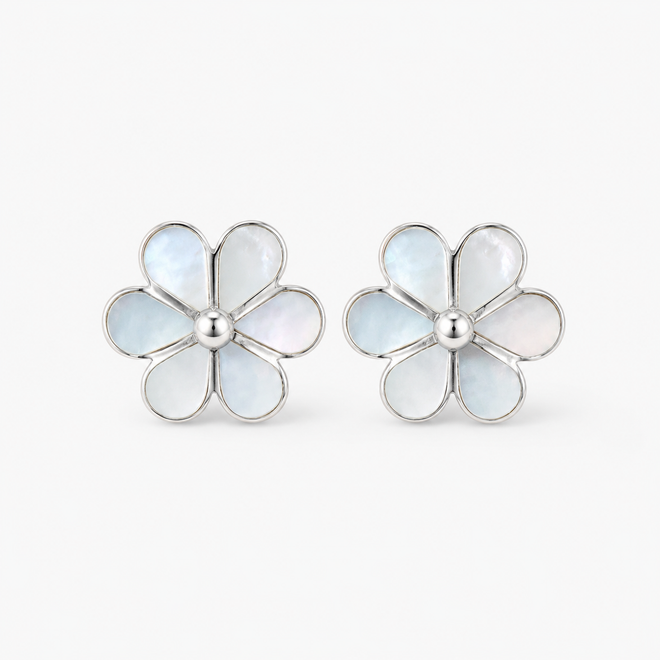 Mother of pearl flower stud earrings in sterling silver with delicate floral design