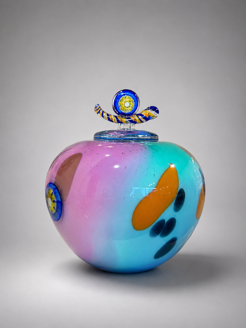 multi color handblown glass vessel with lid 