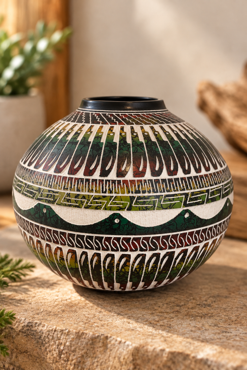 Myron Charley Navajo horsehair pottery vessel with intricate hand-etched geometric designs