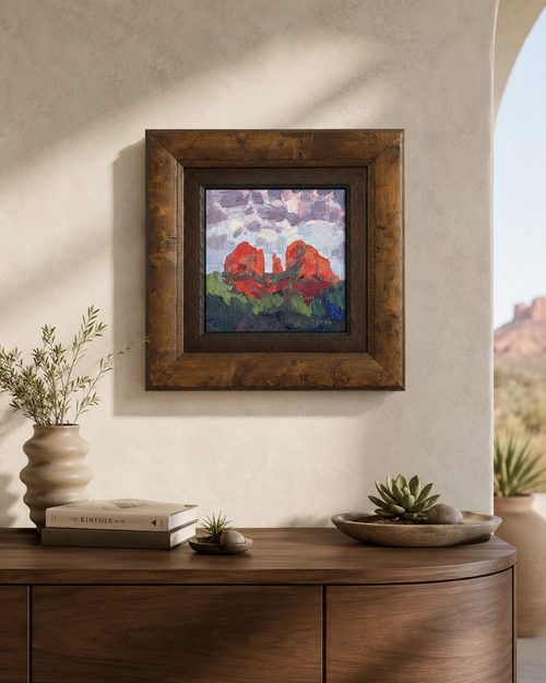 Mystery Moon Cathedral Rock Sedona oil painting by Russell Johnson in rustic burl wood frame