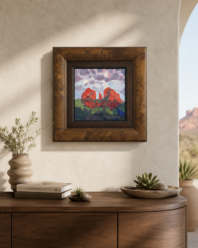 Mystery Moon Cathedral Rock Sedona oil painting by Russell Johnson in rustic burl wood frame