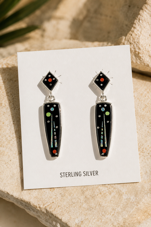 Black Jade & Opal Inlay Drop Earrings – Native American Made