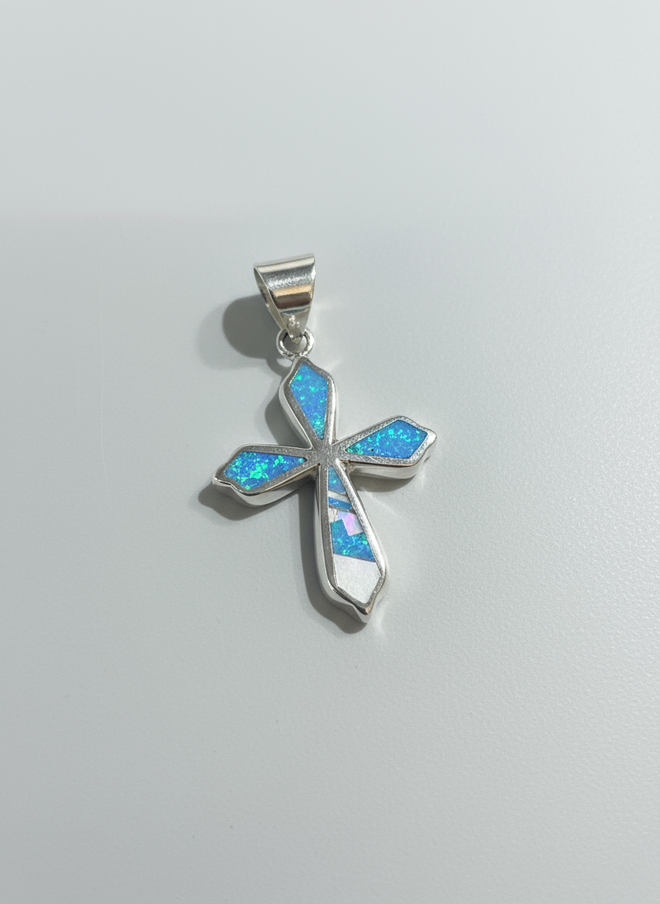 One-of-a-kind Native American Blue Opal and Mother of Pearl cross pendant handcrafted by a Navajo artisan in sterling silver, Southwestern Christian jewelry.