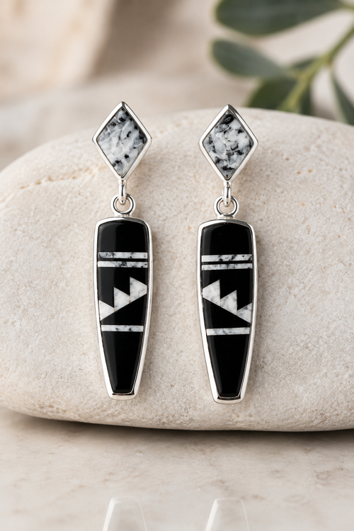 Native American Buffalo Turquoise and Black Jade inlay earrings in sterling silver