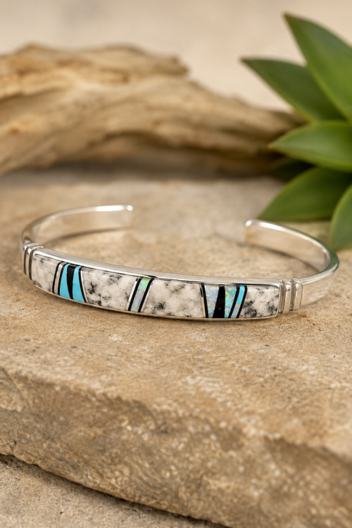 Native American Buffalo Turquoise inlay cuff bracelet with Kingman turquoise and opal in sterling silver
