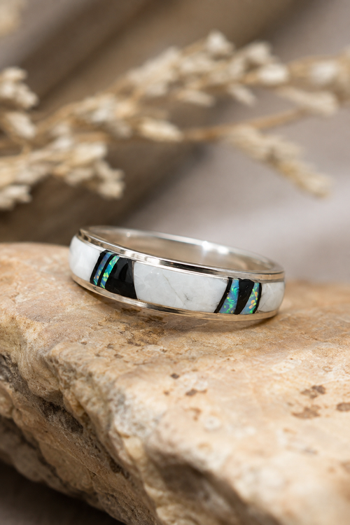 Native American Buffalo Turquoise inlay ring with Opal and Black Jade in sterling silver