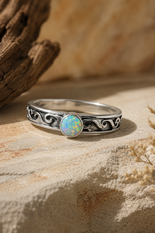 Native American handmade sterling silver ring with round cultured opal and detailed scrollwork